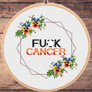 FU*K CANCER - cross stitch pattern, pansy flower border with text #395#-instant pdf download