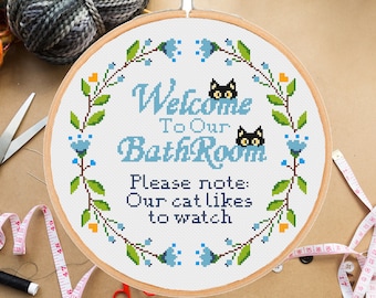 Please note : our cat likes to watch cross stitch pattern Funny Cat Owner Lover gift welcome bathroom deco #384# - instant pdf download