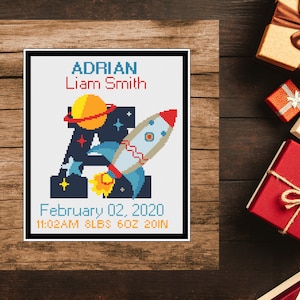Patrón de punto de cruz para anuncio de nacimiento de bebé personalizado, estrellas de cohete espacial, personalizado, decoración de guardería para niño, n.° 256, PDF instantáneo
