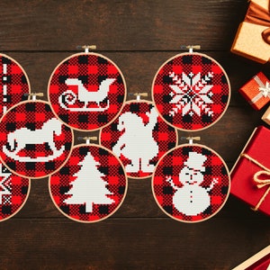 Set of 8 Eight Christmas Cross stitch pattern Buffalo Plaid Holiday ornament Snowman Tree Ball Decoration Modern -instant pdf download