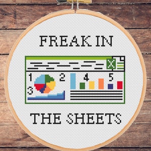 Könnte beinhalten: Ein weißer Stickrahmen mit einem Kreuzstich-Design, das eine Tabellenkalkulation mit einem Kreisdiagramm, einem Balkendiagramm und einem Liniendiagramm zeigt. Der Text "FREAK IN THE SHEETS" ist über der Tabellenkalkulation gestickt.