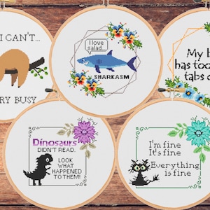 Set Bundle of 5 five Funny Snarky cross stitch patterns Sassy Subversive Sarcastic Animals -Instant Zipp file Download