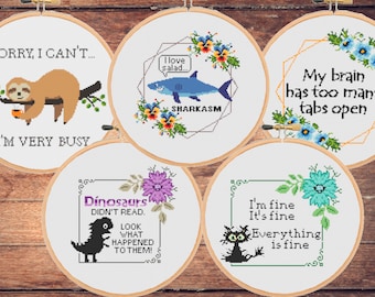 Set Bundle of 5 five Funny Snarky cross stitch patterns Sassy Subversive Sarcastic Animals -Instant Zipp file Download