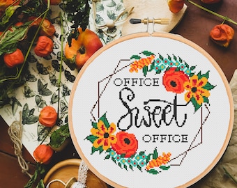 Office cross stitch pattern xstitch modern Office sweet office Floral Wreath Border Frame -instant pdf download