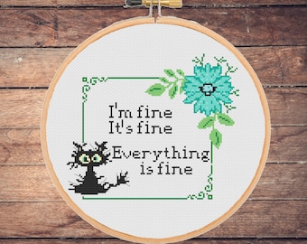 Funny Cat Cross Stitch Pattern: Sarcastic Floral Design (PDF Download)