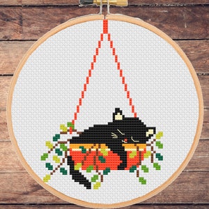 Lustiges Kleines Kreuzstichmuster Katze, Blume Pflanze Modern - sofort pdf download
