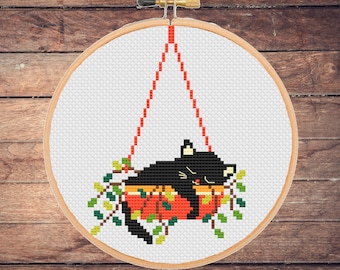 Funny Cat Small Cross Stitch Pattern Flower Plant Plants Modern-instant pdf download