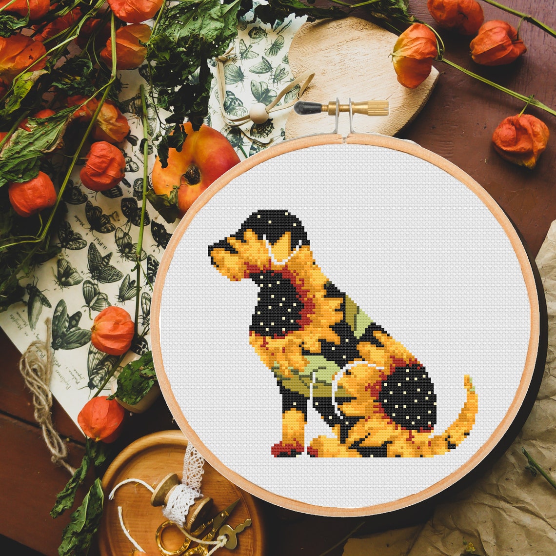 dog-cross-stitch-patterns-animal-flower-modern-sunflower-floral-xstitch