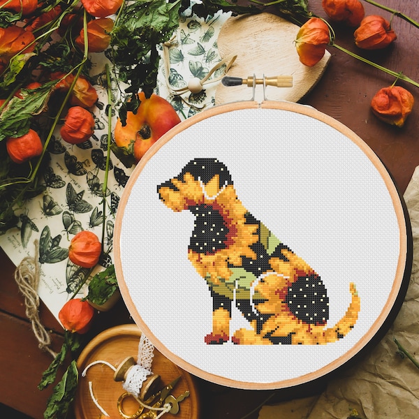 Dog Cross Stitch Patterns Animal Flower Modern Sunflower Floral xstitch,  -instant pdf download