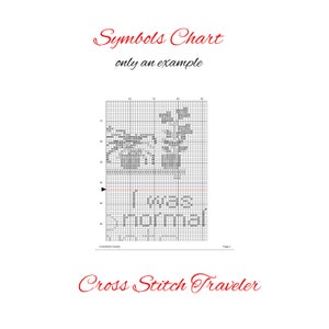 Pu&ograve; includere: Grafico di punto croce in bianco e nero per un progetto intitolato "Ero normale". Il grafico include un piccolo disegno di un fiore in alto e il testo "Symbols Chart only an example" nella parte superiore della pagina.