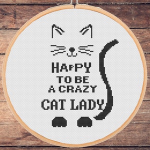 Funny Cat Cross Stitch Pattern: Crazy Cat Lady, Beginner Easy (PDF Download)