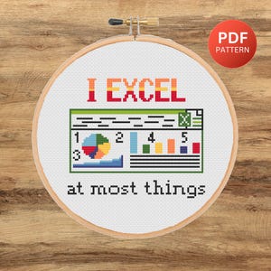May include: Cross stitch pattern for a hoop with the text "I EXCEL at most things" and a stylized image of a spreadsheet with a pie chart and bar graph.