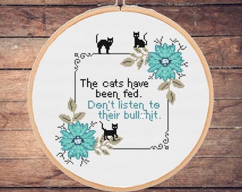 Funny Cat Cross Stitch Pattern: Sarcastic Floral Design (PDF Download)