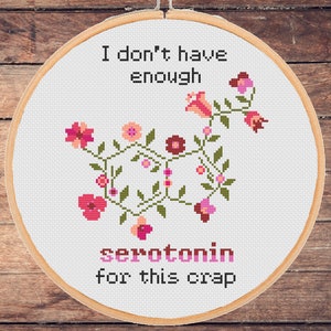 Funny Mental Health Cross Stitch Pattern: Sarcastic Serotonin Saying Snarky Easy Beginner level Modern Floral Trendy (PDF Download)