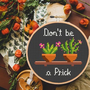 May include: A cross-stitch embroidery hoop with the text "Don't be a Prick". The design features two pixelated cacti in terracotta pots on a brown shelf, with pink and yellow flowers. The background is black.