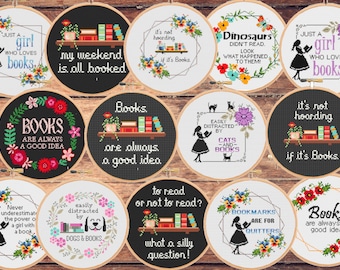 Set Bundle of 14 fourteen funny book lover cross stitch patterns Sassy Modern Books Sarcastic Quotes Snarky -Instant Zipp file Download