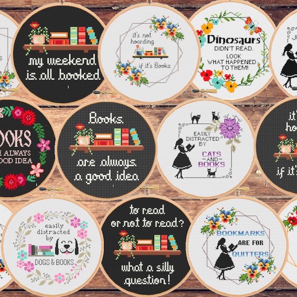Funny Book Lover Bundle Cross Stitch Patterns: Set  Sarcastic Snarky Quotes Bookworm Librarian Library (Instant Zipp File Download)