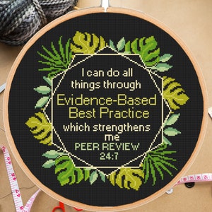 May include: A black embroidery hoop with a cross-stitch design featuring a green and yellow tropical leaf border. The text inside the border reads "I can do all things through Evidence-Based Best Practice which strengthens me PEER REVIEW 24:7".