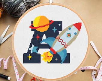 Letter A Rocket Cross Stitch Pattern: Boy Space Jupiter Stars Astronaut Monogram Alphabet Modern Embroidery (PDF Pattern)