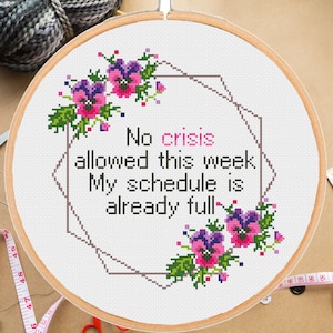 Funny office coworker cross stitch pattern No crisis allowed this week Assistant Manager Snarky Subversive Floral  -instant pdf download