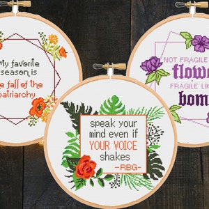Set Bundle of three 3 Feminist cross stitch pattern funny snarky sassy floral Ruth Bader Ginsburg RBG quote Modern instant zipp download