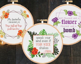 Paquete de patrones de punto de cruz feministas: Cita de RBG, diseño floral divertido, sarcástico y atrevido (Descarga en PDF, conjunto de 3)