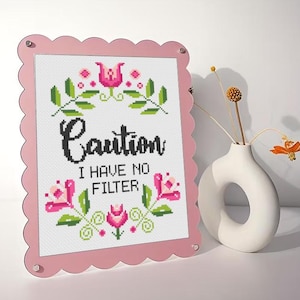 May include: A pink framed cross-stitch with the words "Caution I Have No Filter" in black. The cross-stitch features pink flowers and green leaves. A white vase with dried flowers is to the right.