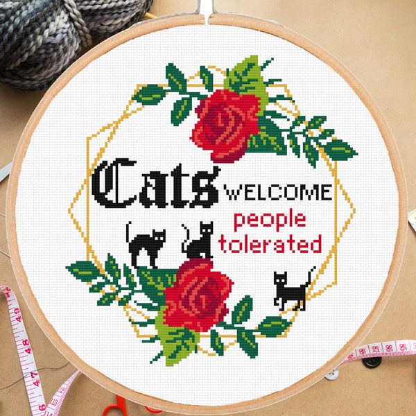 Funny cross stitch pattern. Cats welcome cross stitch PDF Modern sassy cross stitch Flower Cat cross stitch sarcastic embroidery  Snarky