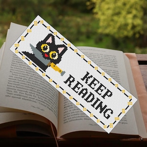 Marcapáginas divertido "Sigue leyendo" - Patrón de punto de cruz, gato negro con cuchillo, lector principiante, sarcástico y atrevido - Descarga en PDF