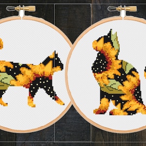 Set van twee 2 katten kruissteekpatronen dier silhouet bloem moderne zonnebloem bloemen xstitch, borduurwerk - instant zipp download