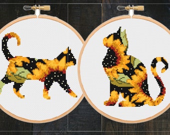Set of two 2 Cats Cross Stitch Patterns Animal Silhouette Flower  Modern Sunflower Floral xstitch, Embroidery -instant zipp download