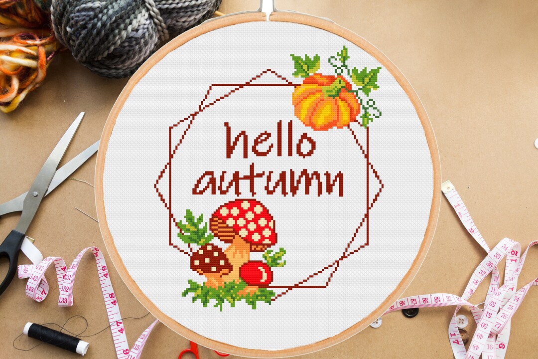 Hello Autumn Cross Stitch Pattern Mushroom Pumpkin Modern Fall - Etsy