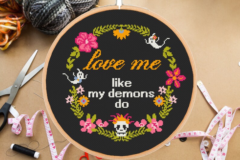 Funny cross stitch pattern Love me like my demons do Subversive Sarcastic Snarky Adult Sassy Floral Ghosts-instant pdf download image 1
