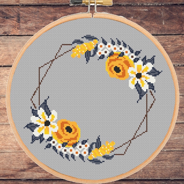 Flower wreath frame border cross stitch pattern Floral Modern Pentagon Square xstitch-instant pdf download