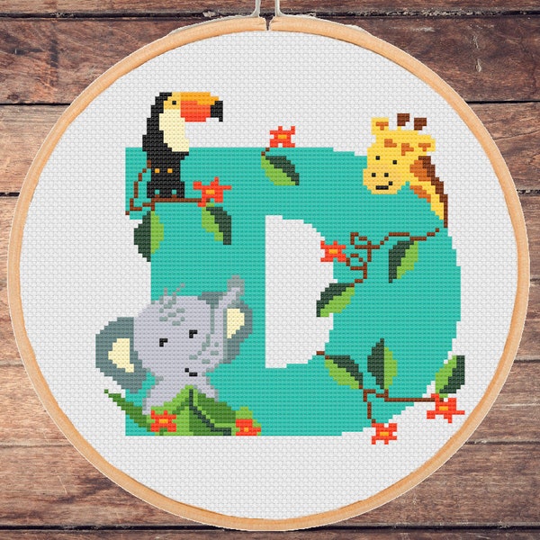 Monogram Letter D Cross Stitch Pattern Personalize name ,elephant giraffe toucan safari jungle nursery Birthday pdf pattern instant download