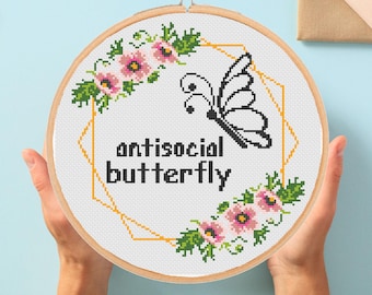 Antisozialer Schmetterling Kreuzstich-Muster, Antisozialer Xstitch, Blumen sarkastisch lustig Trendy Introvertiert einfach modern (PDF-Download)