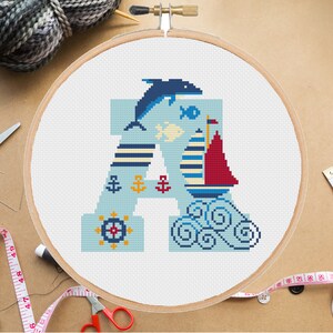 Monogram Letter A Cross Stitch modern Pattern, Personalize name cross stitch,Nautical Sailor Sea , #281# pdf pattern instant download
