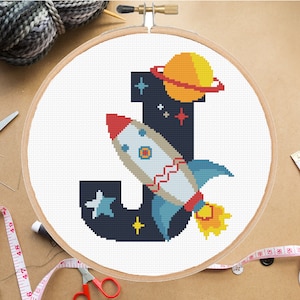 Monogram Letter J Cross Stitch modern Pattern, Personalize name cross stitch,Space Rocket , #286# pdf pattern instant download