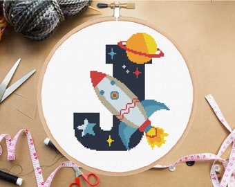 Monogram Letter J Cross Stitch modern Pattern, Personalize name cross stitch,Space Rocket , #286# pdf pattern instant download