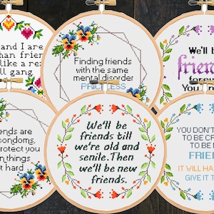 Set Bundle of 6 six funny friends cross stitch patterns Sassy Friend Sarcastic Quotes Subversive Floral Snarky -Instant Zipp file Download