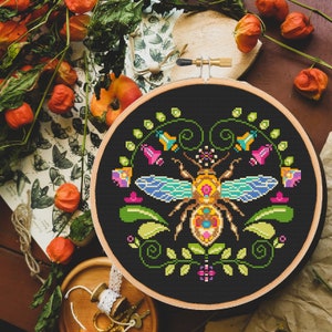 Floral Bee cross stitch pattern Honey Queen Modern Insect Botanical Gothic Ornament-instant pdf download