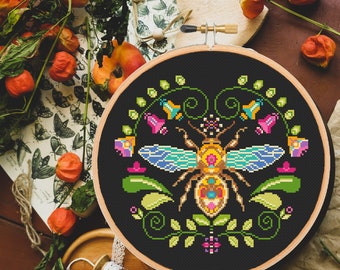 Floral Bee cross stitch pattern Honey Queen Modern Insect Botanical Gothic Ornament-instant pdf download