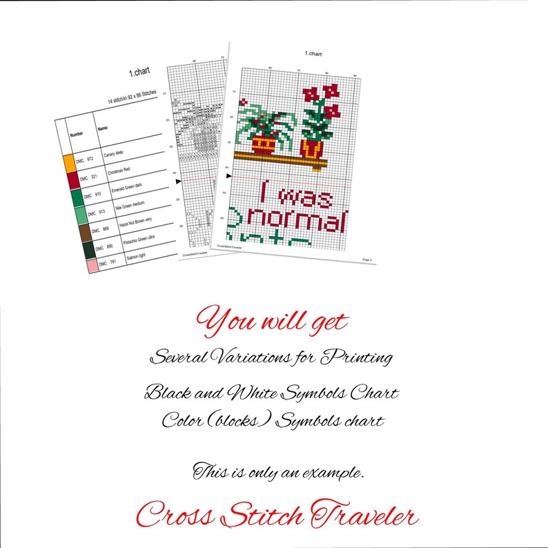 May include: A collection of cross-stitch charts, including a color chart and a black and white symbols chart. The main chart features a design with potted plants and the text "I was normal". Additional text includes "You will get" and "Cross Stitch Traveler".