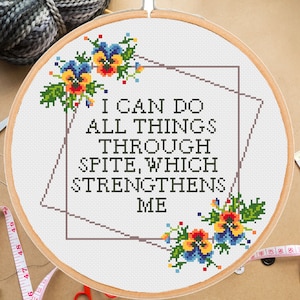 Sarcastic Subversive adult cross stitch pattern I can do all things through spite Snarky Funny Floral Modern quote- instant pdf download