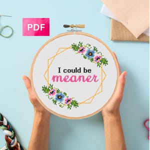 May include: A cross-stitch embroidery hoop with the text "I could be meaner" in black and pink. The design includes a gold geometric border and floral accents with blue, pink, and green colors. The hoop is held by hands against a light blue background.