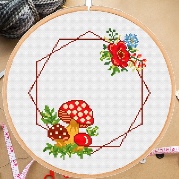 Floral Mushroom wreath cross stitch pattern Poppy Flower Vintage mushroom retro border embroidery Modern frame -instant pdf download