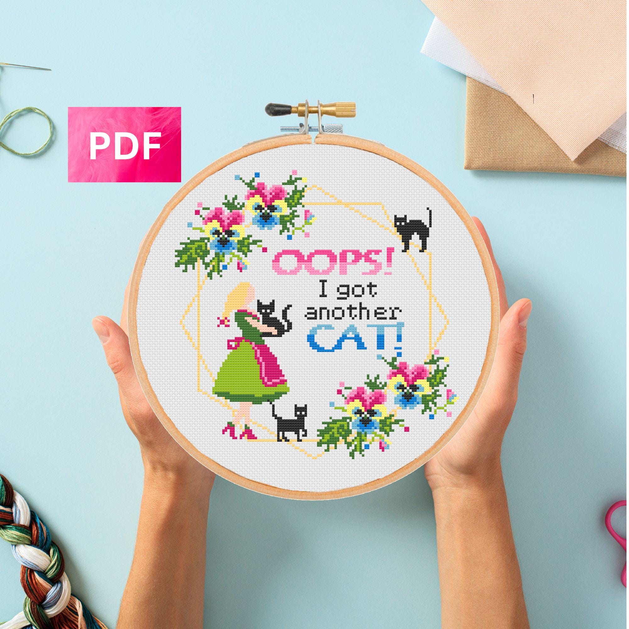 Funny cat cross stitch pattern, Oops I got another cat, Cats, Snarky, Sassy, Modern, Xstitch, Sarcastic, Easy - instant pdf download