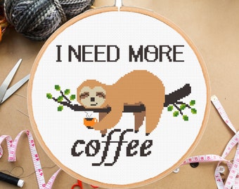 Funny sloth cross stitch pattern I need more coffee #303# -instant pdf download