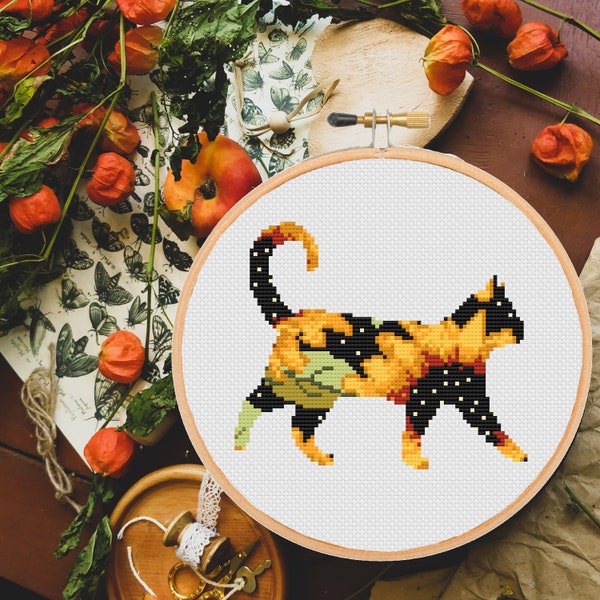 Cat Cross Stitch Patterns Animal Silhouette Flower Modern Sunflower Floral xstitch, Embroidery -instant pdf download