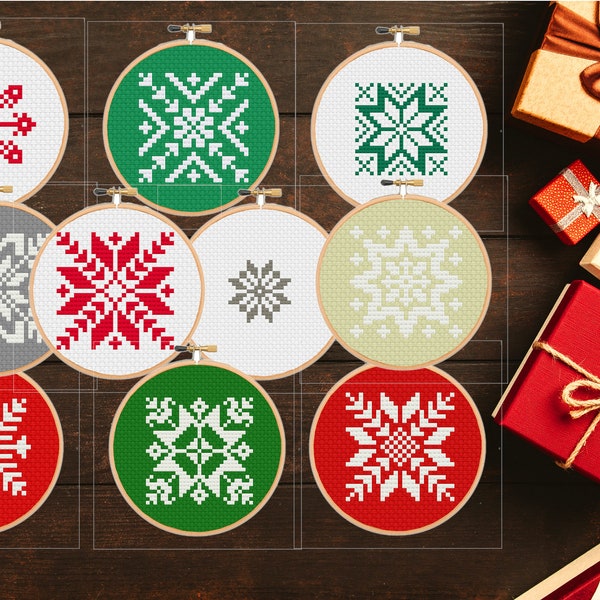 Set of 10 Ten Snowflakes Cross Stitch Patterns Easy Beginner level  Modern Christmas Ornaments Sampler Gift-instant pdf download